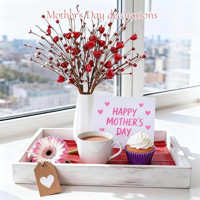 4Pcs Artificial Mother's Day Decorations Red Heart Berry Stems Heart Shaped Berry Gifts Flowers for Wedding Anniversary Party Supplies Decor
