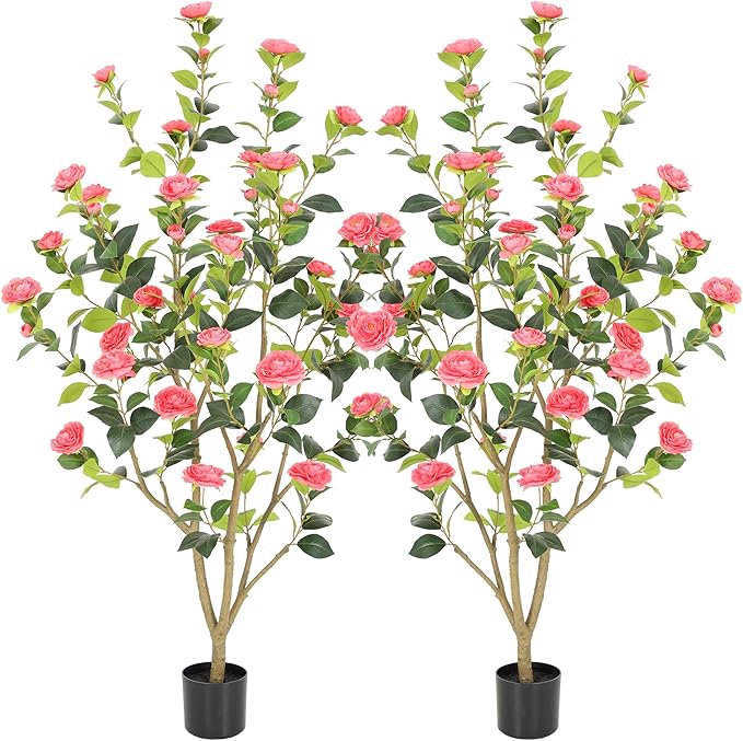 Nafresh 5FT Lush Artificial Pink Camellia Tree Outdoor 2 Pack, 60inch Faux Camellia Plant, Fake Camellia Flowers Tree for Indoor Outdoor Living Room Home Patio Front Door Garden Decor