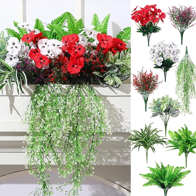 24 Pcs Outdoor Artificial Plants UV Resistant Faux Plant Fake Greenery Stems Faux Shrubs Flower for Outside Hanging Front Porch Patio Garden Window Box Home Wedding Summer Spring Decor(Green Red)
