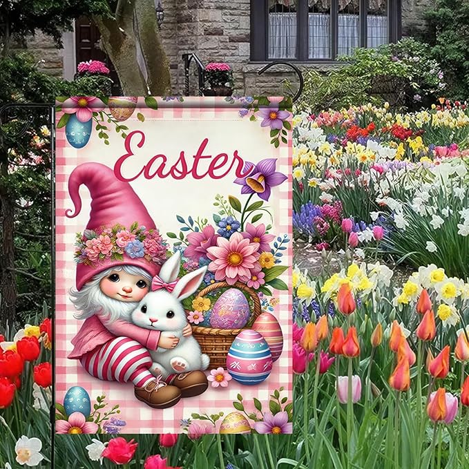 Easter Garden Flag 12x18 Inch Double Side Cute Girl Outdoor Decoration Yard Flag Welcome Easter Farmhouse Garden Flag Bunny and Flowers Outdoor Home Display Flag