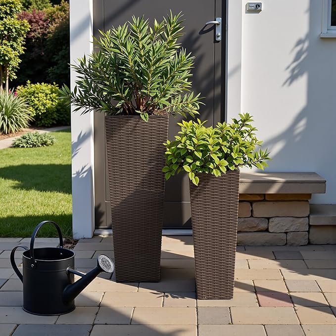 Flamaker Resin Rattan-Design Planters Set of 2, 24'' Tall Flowerpot with Additional Pot for Soil, Durable Weather-Resistant Planter with Drainage Holes for Garden, Patio, Backyard (Brown, Small)