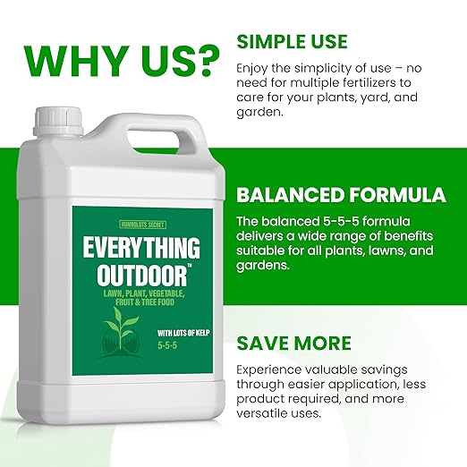 Humboldts Secret Everything Outdoor Plant Food | 5-5-5 Liquid Fertilizer with Norwegian Kelp | All Purpose Lawn, Vegetable & Fruit Food | Garden Nutrients | Refillable Hose End Bottle | 2.5 Gallon
