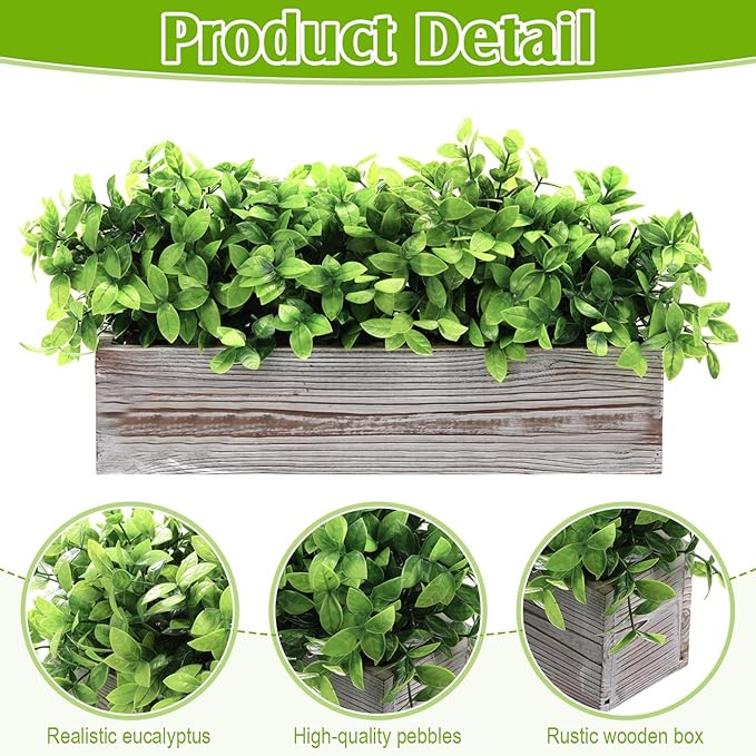 Lyrow 2 Pack Artificial Eucalyptus Plant in Rectangular Rustic Wooden Planter Box Faux Potted Herb Plant Table Centerpiece for Kitchen Windowsill Shelf Decor (White,16 '')