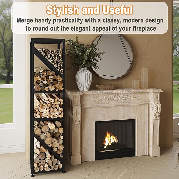 47 Inch Tall Indoor Firewood Rack Outdoor, 5-Tier Functional Fireplace Log Holder, Heavy Duty Metal Firewood Storage Rack, Decorative Log Organizer, Anti-Rust Coating, Adjustable Pads