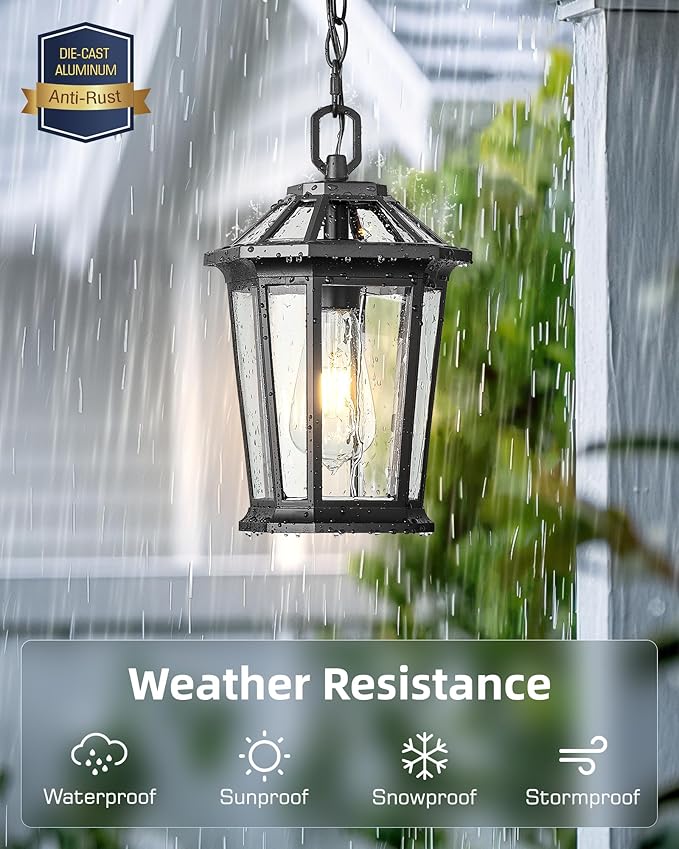 VIANIS Outdoor Pendant Lights, Modern Hanging Outside Lantern, Aluminum Porch Light Ceiling, Black Outdoor Chandelier for Porch with Clear Glass for House Doorway