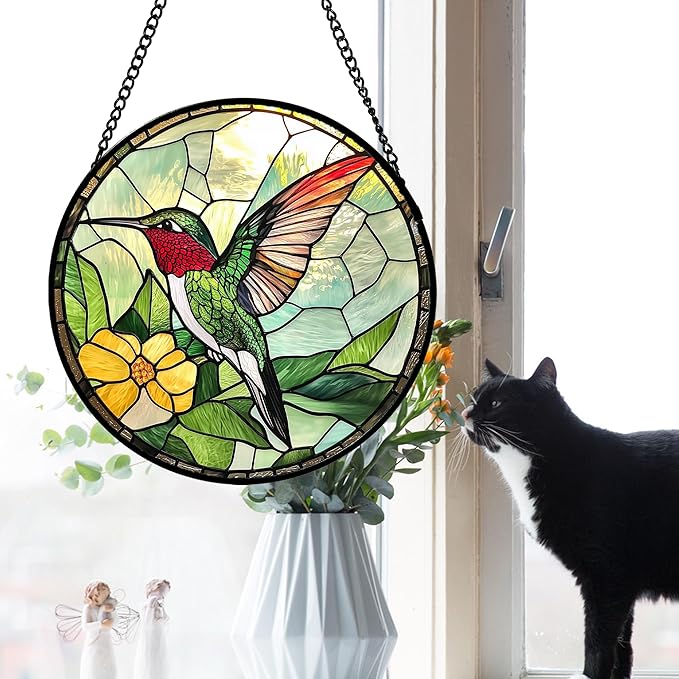 AMDERVEN Stained Glass Window Hanging, Green Hummingbird Sun Catcher for Door Home Decor, Birds Suncatcher Christmas Mother's Day Birthday Gifts for Bird Lovers Women Men Mom and Nana 11.8 in