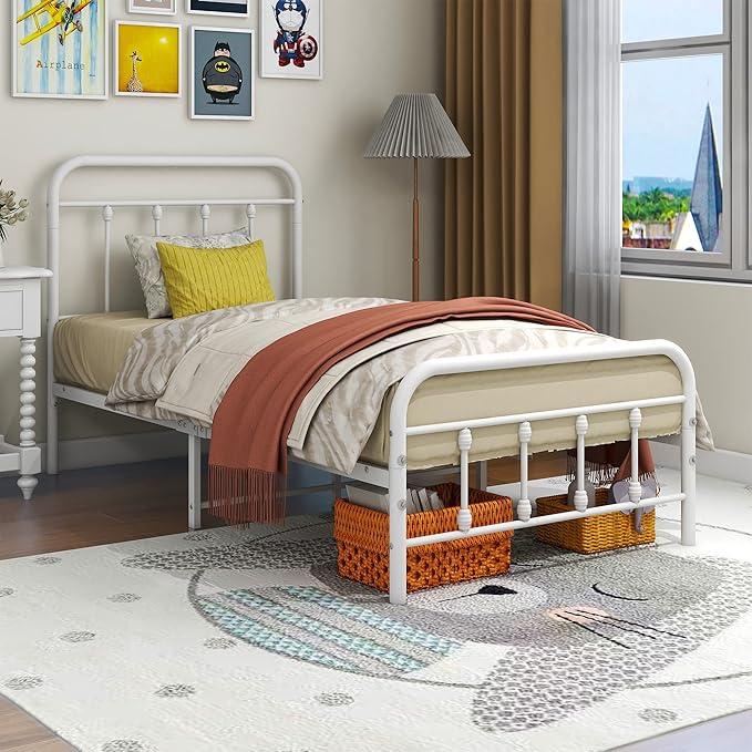 DUMEE Metal Twin Size Bed Frame Platform with Vintage Headboard and Footboard Sturdy Premium Steel Slat Support No Box Spring Needed, Textured White