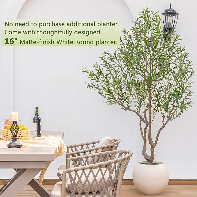 Olive Tree Artificial Indoor, 8FT Tall Faux Olive Tree with 16in Round White Planter, Artificial Plants with Natural Wood Trunk and Lifelike Fruits for Home Office Decor