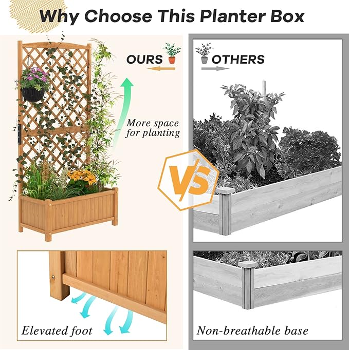 S AFSTAR Raised Garden Bed with Trellis, Indoor & Outdoor Wood Elevated Plant Container with Diamond Shaped Trellis & Drain Hole, Above Ground Garden Bed for Vine Climbing Plants
