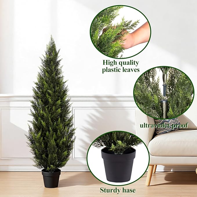 ZEEOZE 4FT Artificial Cedar Topiary Trees (1 Pack) - UV Resistant Faux Evergreen Shrubs Extra Dense Foliage Realistic Fake Pine Cypress Plants Easy Assembly for Front Porch Garden Indoor Office Decor