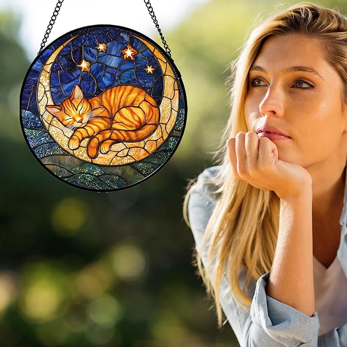 AMDERVEN Stained Glass Window Hanging - Orange Moon Sleeping Cat Sun Catcher for Door Home Decor Blue Starry Sky Suncatcher Christmas Mother's Day Birthday Gifts for Women Men Mom Nana 7.8 in