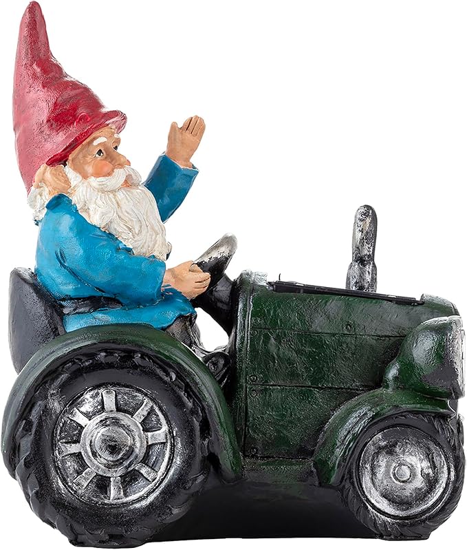 Alpine Corporation WQA1378SLR-GN Outdoor Garden Gnome Riding Green Tractor Solar Yard Statue Decoration with LED Lights, 10"