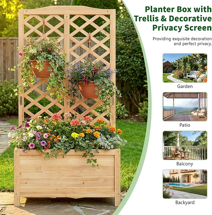 Wooden Raised Garden Bed with Trellis, Freestanding Planter Box with Drainage for Vines Climbing Plants Flowers Herbs, Elevated Gardening Planter for Backyard Balcony Patio