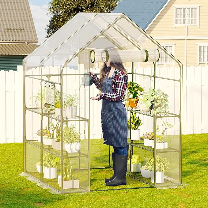 Walk in Greenhouse with Screen Windows & Roll-Up Zipper Door, 56 x 56 x 77'' Plant Green Houses for Outdoors, 3 Tiers 12 Shelves Stands Plastic Portable Small Indoors Warm (Clear)