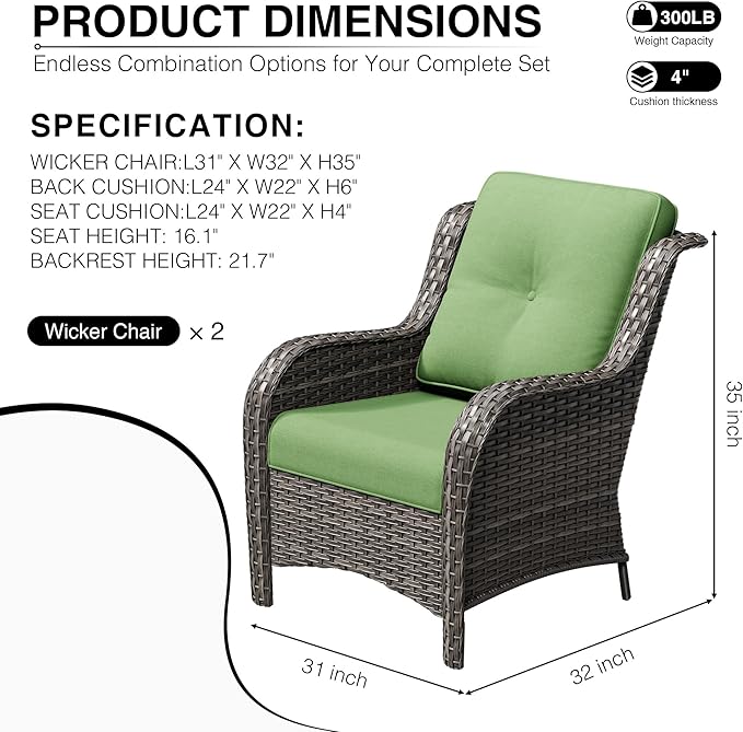 Joyside Patio Chairs Set of 2, Wicker Patio Furniture with High Back, Deep Seating, Wide Armrest, Thickened Cushions, Outdoor Rattan Furniture for Deck, Porch Use