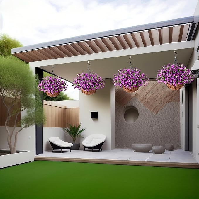 Artificial Flowers Hanging Basket for Outdoor Indoor Spring Summer Decoration,Fake Silk Colorful Daisy Eucalyptus in 12" Metal Coconut Lining Flowerpot Arrangement for Patio Yard Decor(Purple)
