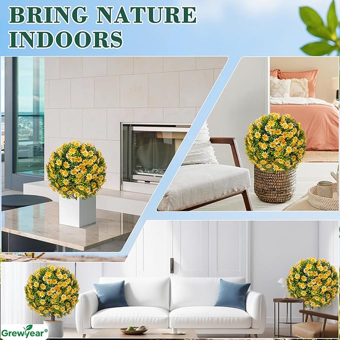 Fall Artificial Topiary Ball with Spike Set of 2, Faux Boxwoods for Outdoor Planters, UV Resistant Artificial Outdoor Plants for Porch, Fake Bushes Round Shrub with Orange Yellow Flower