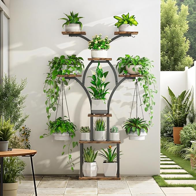 Elbourn Plant Stand Indoor with Grow Lights - 60" Tall Metal Plant Shelf for Multiple Plants, 8 Tiered Corner Plant Stands for Indoor Plants, X - Shaped Decorative Rack for Home, Living Room & Patio Decor (Brown)