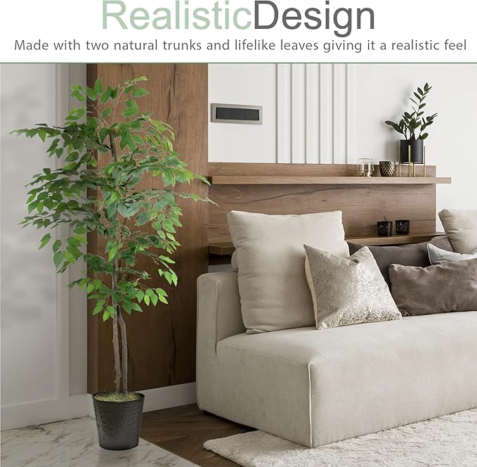 LCG Florals 6ft Artificial Ficus Tree in Black Metal Pot - Real Wood Trunk, Preassembled, No Maintenance Indoor Faux Plant - Living Room, Home & Office Decor