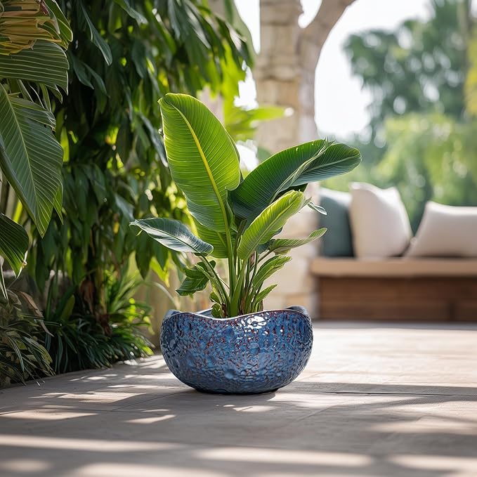 Thirtypot Bonsai Pots - 13 Inch Large Ceramic Planter for Indoor Outdoor, Round Decorative Plant Pots with Drainage Hole, Modern Unique Flower Pots, Patio Decor, Housewarming Gifts, Retro Blue