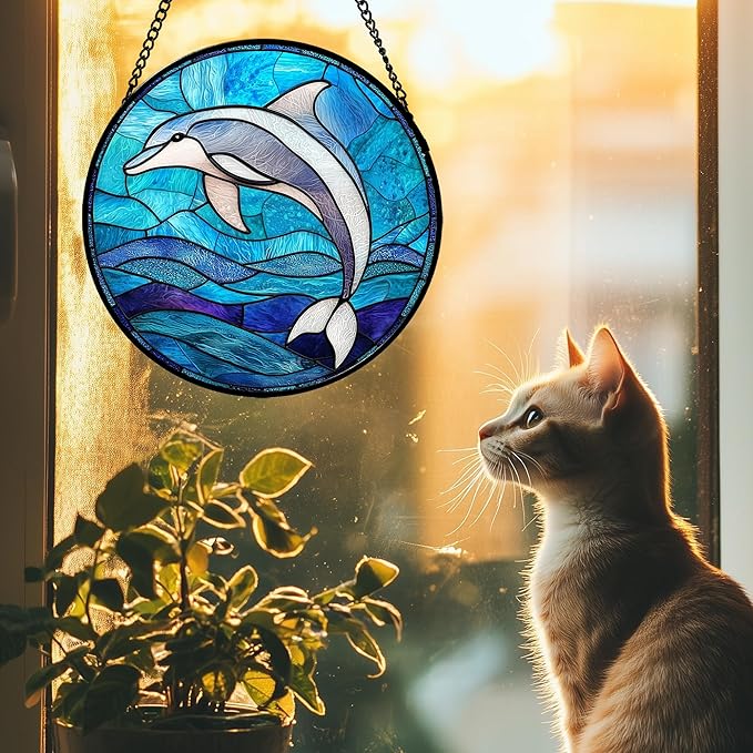 Stained Glass Suncatcher, Blue Ocean Dolphin Sun Catcher Marine Life Stain Glass Indoor Window Hanging Decoration Mother's Day Birthday Gifts for Women Men Mom and Nana 6.3 in
