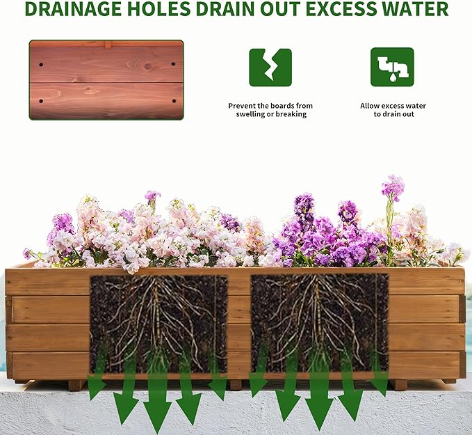 Wooden Raised Garden Bed Planter Box – Fir Wood Outdoor Vegetable, Herb & Flower Box with Drainage Holes – 47.24"x15.75"x12.6", Rot-Resistant, for Patio, Yard, Balcony