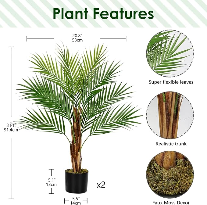 2 Set Fake Palm Tree 3ft Tall with 13 Lifelike Trunks Faux King Palm Artificial King Palm in Pots Tall Silk Plant for Indoor Home Office Living Room Floor Decor