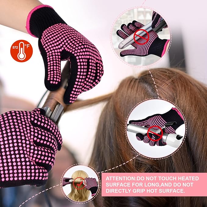 MORGLES Heat Resistant Gloves, 2 Pcs Professional Heat Gloves for Hair Styling Silicone Hot Mat 6 Pcs Hair Clips and 2 Pcs Styling Comb for Curling Iron Wands Flat Iron