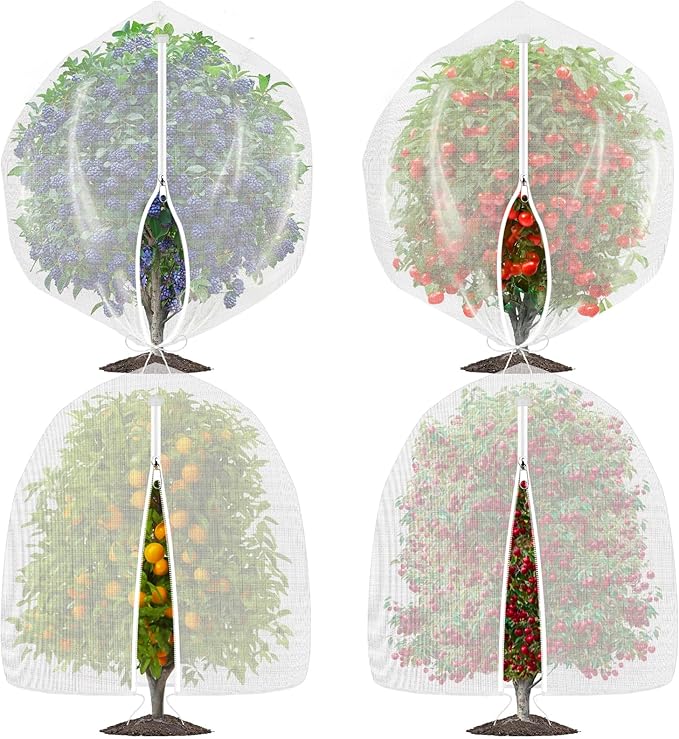 OZMI 4 Pack Fruit Tree Blueberry Bush Netting Cover, 4.6Ft x 5.9Ft Reusable Bird Netting for Garden Protection with Zipper & Drawstring, Shrubs Tomato Strawberry Plant Bushes Protector