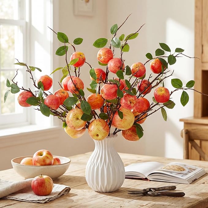 10 Pcs 21.65 Inches Artificial Fake Apple Branches Realistic Tall Apple Bouquets Tree Branch with Long Stem and Green Leaves Fruit Plant for Home Office Vase Filler Shop