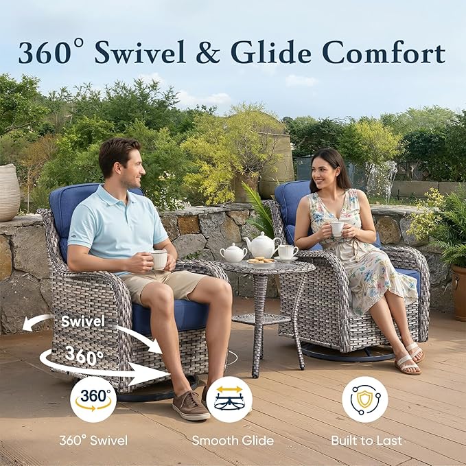 Belord Luxury 6" Thick Cushioned 7 Pieces Patio Furniture Set with Outdoor Couch, Wicker Outdoor Conversation Set with High Back Swivel Rocker Chairs for Deck Porch Yard and Poolside - Grey+Blue