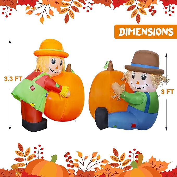 Lulu Home Thanksgiving Inflatable Decoration, Set of 2 Air Blown Scarecrow Couples with Built-in LED Lights for Fall Autumn Harvest Decor (Sitting & Standing Scarecrows)