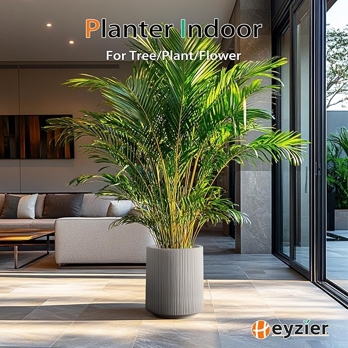 Heyzier Concrete Planter Outdoor Indoor, Large Cement Plant Pots with Saucer for Trees Flowers (Vertical Gray, 17 inch)