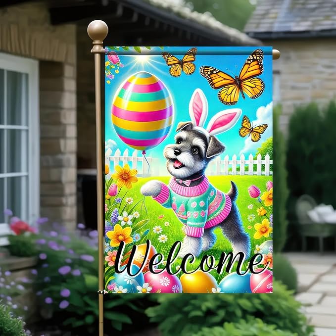 Spring Summer Garden Flag Flower Dog Garden Flags For Outside Welcome Flags 12x18 Double Sided Yard Outdoor Decorative Egg Butterfly Garden Flag