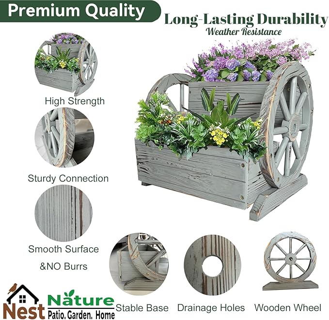 NestNature Wooden Wagon Planter Box,Raised Garden Bed,Decorative Garden Planters with Wheels-Outside Flower Pots for Indoor/Outdoor Décor Plants (Antique Gray)