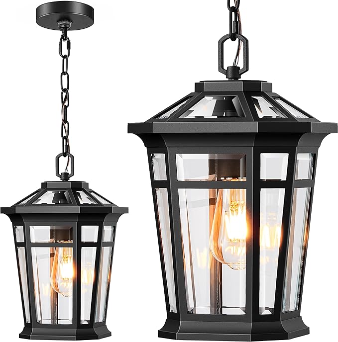 VIANIS Large Outdoor Pendant Lights for Porch, Black Hanging Light Fixture, 100% Aluminum Waterproof Anti-Rust Ceiling Lighting for House, Outside Hanging Lantern for Porch, Garden, Garage, 1-Light