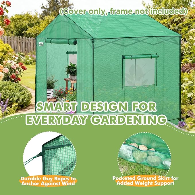 EAGLE PEAK Replacement Cover for 8x8 Gable Roof Pop up Greenhouse, Front and Rear Roll-Up Zipper Entry Doors and 2 Large Roll-Up Side Windows (Frame Not Included), Green