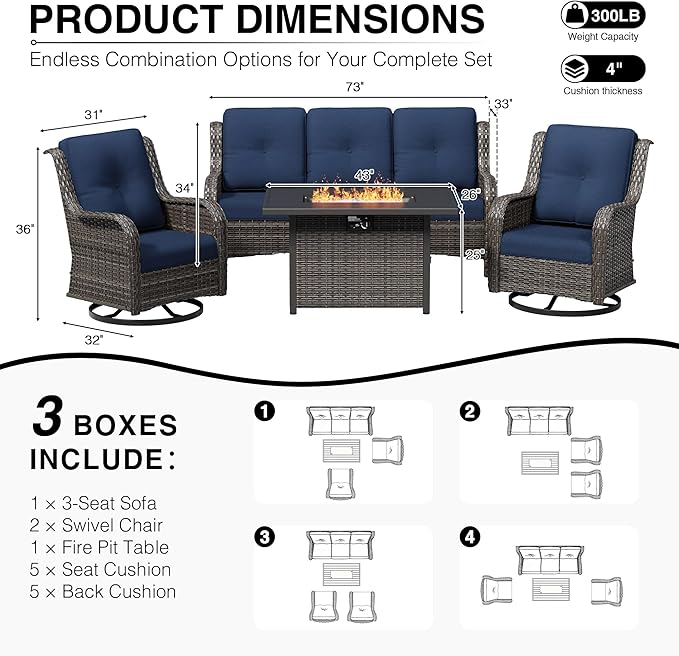 Joyside 4 Piece Wicker Patio Furniture Set with Fire Pit Table, Outdoor Swivel Rocker Patio Chairs with High Back, Deep Seating, Wide Armrest, Thickened Cushions, Outdoor Furniture for Deck, Porch Use