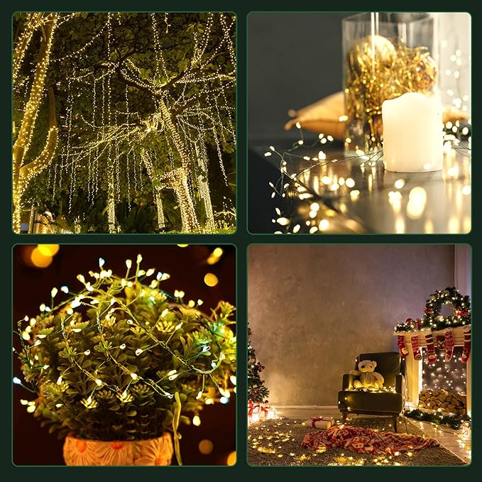 Battery Operated Christmas Cluster Lights, 20FT 200 Micro LED Fairy Lights with 8 Modes and Auto Timer, Green Copper Wire for Indoor Outdoor Christmas Tree Wreath Garland Garden Party,Warm White