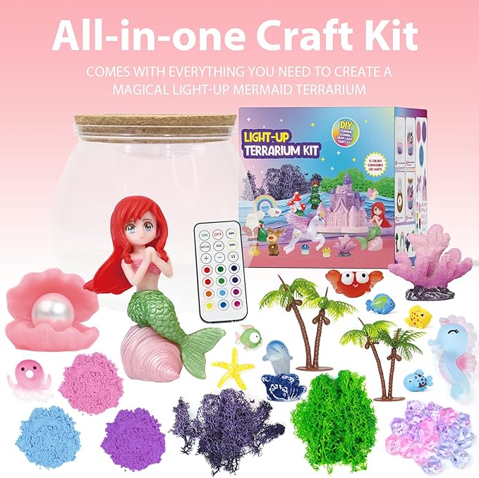 lonfypeng Mermaid Terrarium Kit for Kids - LED Night Light Birthday Gift for Girls Ages 4 5 6 7 8-12 Year Old - Toys for Girl - DIY Arts and Crafts Kit for Kids - Best Girls Presents (Mermaid)