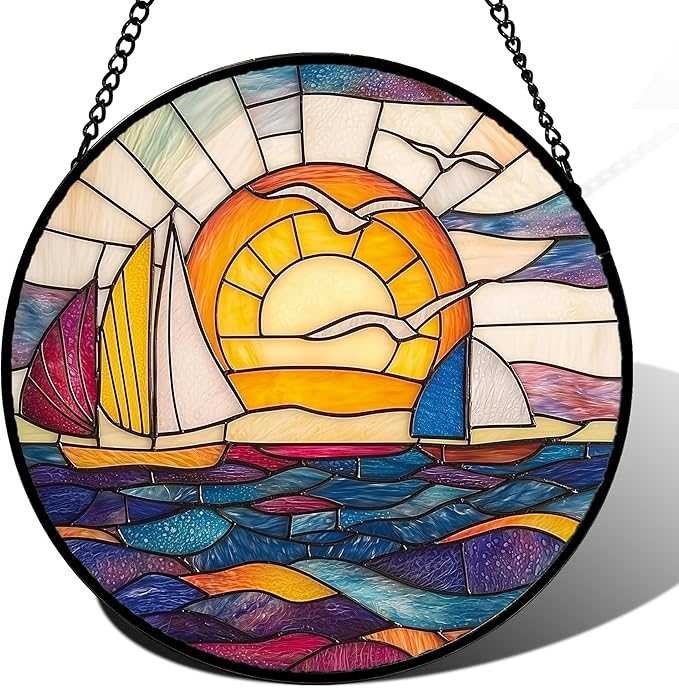 DASTOLL Stained Glass Window Hanging, Sailboat and Waves Suncatcher Diamond Glass Panel Hangings Sun Catchers Decor for Birthday for Women, Men, Wife, Aunt, and Mom 14.9x14.9 in