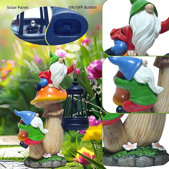 Funny Garden Gnomes Outdoor Climbing on Mushroom with Holding a Solar LED Lantern Resin Mushroom Statue for Patio Yard Lawn Porch Decor