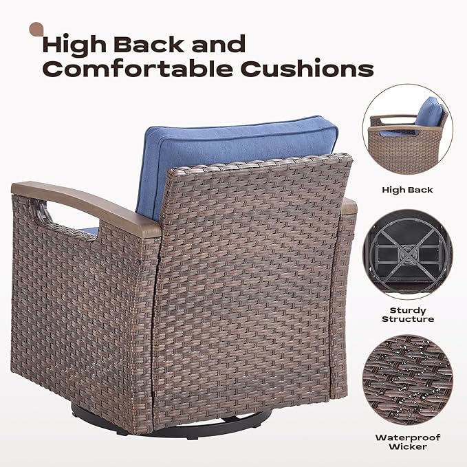 Rilyson Wicker Outdoor Patio Furniture Set - 8 Piece Patio Conversation Sets with Swivel Rocker Chairs, Ottomans, Sofa and Coffee Table, Thick Cushions, Waterproof Wicker, for Porch Deck Brown/Blue