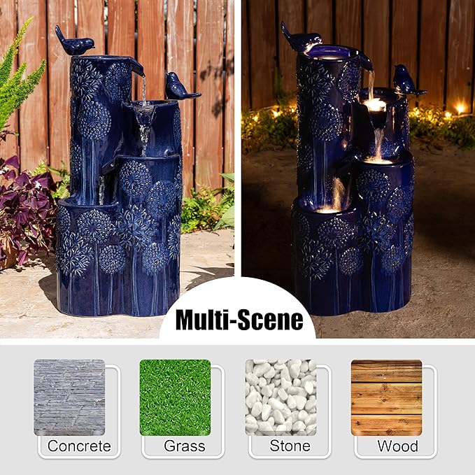 Glitzhome 27" H Outdoor Water Fountain with LED Light, Pump & Adapter, 4-Tier Cobalt Blue Dandelion Vase Ceramic Cascading Garden Fountains Waterfalls with Birds, for Porch Deck Patio Backyard