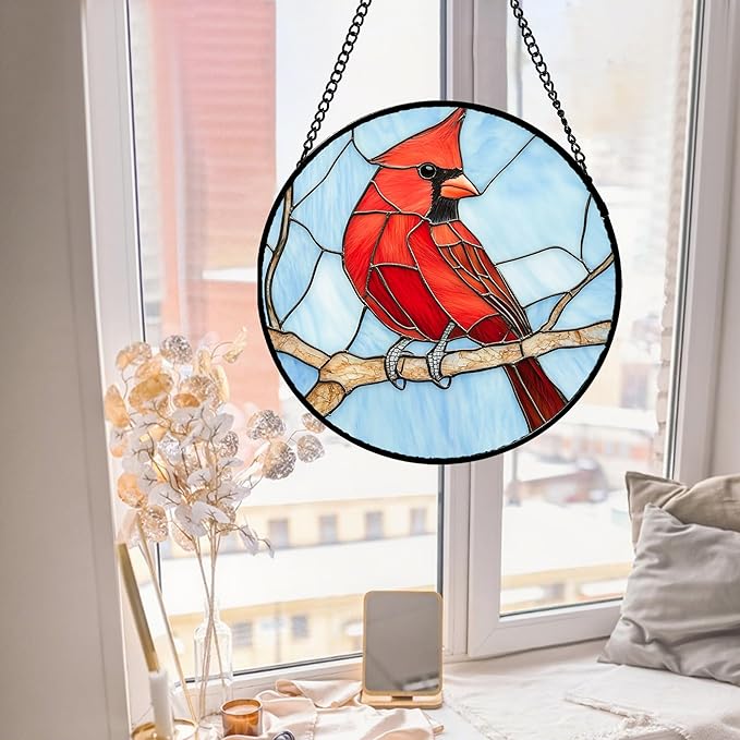 Stained Glass Window Hanging Cardinal Birds 9.8" - Suncatcher Door Garden Sun Catcher Home Decor Christmas Birthday for Bird Lovers Woman Her Nana Wife Men Mom