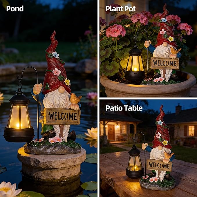 Garden Decor Gnomes Outdoor Statue with Solar Lights-Solar Garden Gnomes Decorations for Patio Lawn Yard Balcony with Lantern,Welcome Sign with Butterfly Flower, Birthday Gifts for Women Mom Grandma