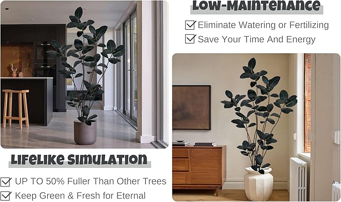 Artificial Rubber Tree 7FT with 68 Glossy Leaves & 10 Heads & Black Pot Cover with Coconut Fiber Realistic Tall Large Faux Tropical Ficus Elastica Plant 84 Inch for Indoor Home Modern Decor