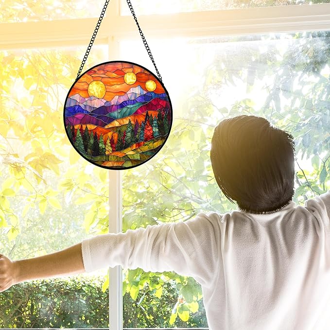 DASTOLL Stained Glass Window Hanging, Sunset Abstract Sun Catchers Colorful Glass Panel Landscape Suncatcher Decor for Birthday for Women, Men, Wife, Aunt, and Mom 6.3 in