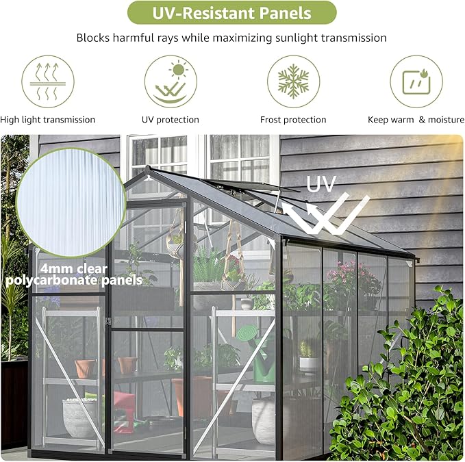 6x8 Ft Greenhouses for Outdoors, UV-Coated Polycarbonate Panels and Aluminium Green Houses for Outside, 2 Roof Vents, Invernaderos para Plantas Exterior, Walk-in Greenhouse Kit for Backyard, Lawn