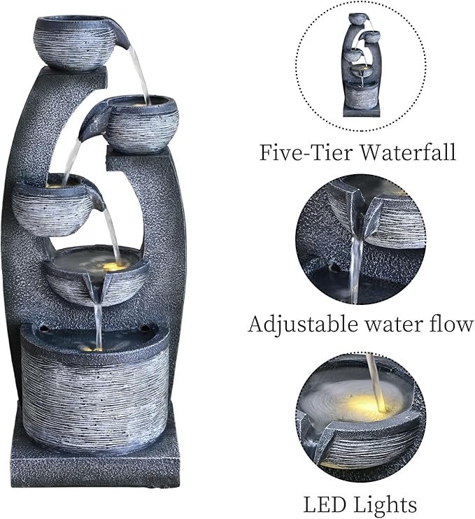 Qingyinge 33' H Modern Outdoor Fountain Resin Outdoor Garden Fountains with Contemporary Design LED Light for Garden, Patio, Deck, Porch, Backyard and Home Art Decor